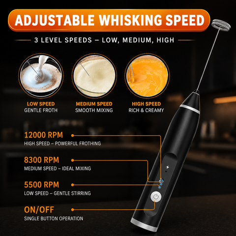 Coffee Beater Milk Frother, USB Rechargeable, 3-Speed Adjustable